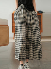 Artistic Retro Linen Loose Wide Legs Plaid Drawstring Pants