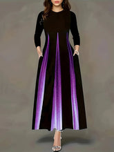 Gradient Pockets Printed Split-Joint A-Line High Waisted Round-Neck Maxi Dresses
