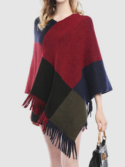 Asymmetric Color-Block Tasseled Loose V-Neck Shawl&Cloak Cape