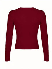 Pleated Solid Color Split-Joint Long Sleeves Skinny Round-Neck T-Shirts Tops