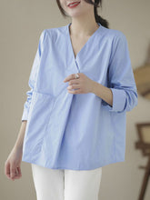 Pockets Solid Color Long Sleeves Loose V-Neck Blouses&Shirts Tops