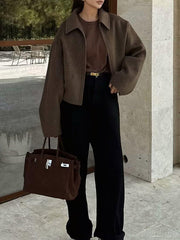 Solid Color Split-Joint Zipper Long Sleeves Loose Lapel Woolen Coat Outerwear