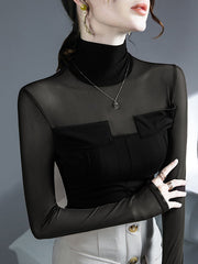 Gauze See-Through Split-Joint Long Sleeves Skinny High-Neck T-Shirts Tops
