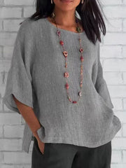 Solid Color Split-Joint Split-Side Linen Three-Quarter Sleeves Round-Neck T-Shirts Tops