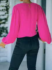 Elasticity Hollow Solid Color Tied Long Sleeves Loose Round-Neck T-Shirts Tops