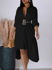 Pleated Split-Joint Tied Waist High-Low Loose Lapel Shirt Dress Midi Dresses