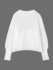 Buttoned Solid Color Split-Joint Long Sleeves Loose Round-Neck Sweater Tops Pullovers