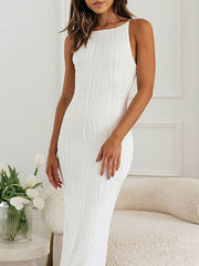 Pleated Solid Color Split-back Skinny Sleeveless Spaghetti-Neck Maxi Dresses