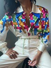 Buttoned Printed Rainbow Plaid Long Sleeves Loose Lapel Collar Blouses&Shirts Tops