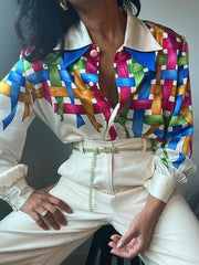 Buttoned Printed Rainbow Plaid Long Sleeves Loose Lapel Collar Blouses&Shirts Tops