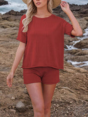 Loose Solid Color Split-Joint Round-Neck Shirt + High Waisted Shorts Two Pieces Set