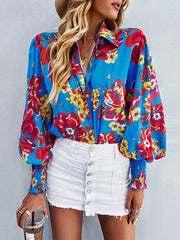 Buttoned Elasticity Flower Print Long Sleeves Loose Lapel Blouses&Shirts Tops