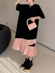 Casual Loose Short Sleeves Contrast Color Falbala Split-Joint Round-Neck Midi Dresses