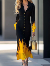 Long Sleeves Puff Sleeves Buttoned Gradient Printed Lapel Maxi Dresses Shirt Dress