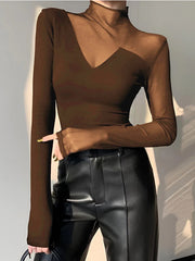Long Sleeves Skinny Asymmetric Solid Color Split-Joint High Neck T-Shirts Tops