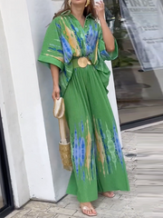 Loose Wide Leg Printed Lapel Collar Blouses Pants Pants Set Two Pieces Set