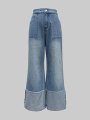 Contrast Color Pockets High Waisted Wide Leg Jean Pants Bottoms