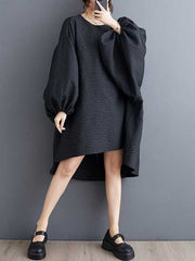 Elasticity Solid Color Split-Joint High-Low Long Sleeves Round-Neck Midi Dresses