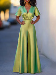 Pleated Shiny Solid Color High Waisted Loose V-neck Jumpsuits