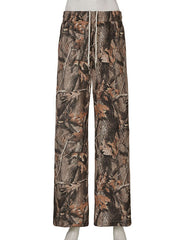 Drawstring Elasticity Printed High Waisted Loose Trousers Pants