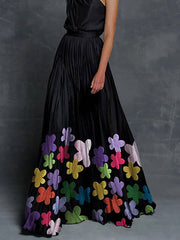 Asymmetric Flower Print Pleated Loose Sleeveless One-Shoulder Maxi Dresses