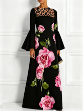 Flared Sleeves Long Sleeves Contrast Color Flower Print Hollow Split-Joint Round-Neck Maxi Dresses