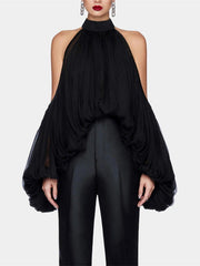 Pleated Solid Color Tied Long Sleeves Loose Halter-Neck Blouses&Shirts Tops