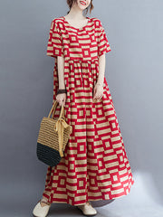 Plaid Loose Short Sleeves Round-Neck Midi Dresses