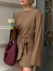 Pleated Solid Color Tied Waist Zipper A-Line Bodycon Round-Neck Mini Dresses