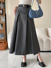 Pleated Solid Color Split-Joint A-Line High Waisted Skirts Bottoms