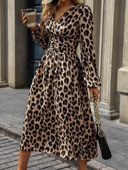 Contrast Color Leopard Pleated Split-Joint Elasticated Waist High Waisted V-Neck Maxi Dresses