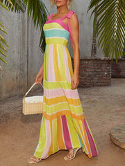 Contrast Color Pleated Split-Joint Zipper Loose Sleeveless Spaghetti-Neck Maxi Dresses
