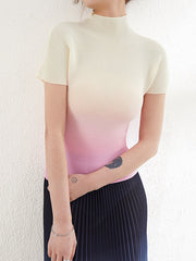 Gradient Pleated Short Sleeves Mock Neck T-Shirts Tops