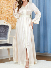 Split-Front Split-Joint Striped Tied Waist A-Line Long Sleeves Maxi Dresses