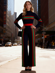 Elasticated Waist Long Sleeves Contrast Color Pockets Striped Half Turtleneck Jumpsuits