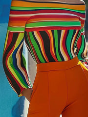 Contrast Color Striped Long Sleeves Loose Halter-Neck T-Shirts Tops