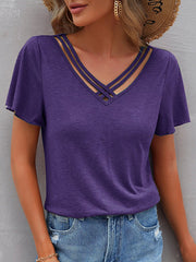 Hollow Solid Color Split-Joint Loose Plus Size V-Neck T-Shirts Tops