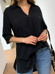Pleated Solid Color Split-Joint Split-Side Half Sleeves Loose Lapel Blouses&Shirts Tops
