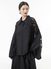 Urban See-Through Lace Split-Joint Lapel Blouse