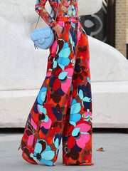 Contrast Color Floral Printed Flower Print Loose Wide Leg Trousers Casual Pants Bottoms
