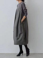Split-Joint Long Sleeves Loose Round-Neck Midi Dresses