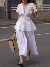 Buckle High-Waisted Solid Color Split-Joint False Two Loose Deep V-Neck Midi Dresses