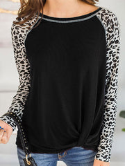 Knot Leopard Split-Joint Long Sleeves Loose Round-Neck T-Shirts Tops