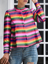 Buttoned Multi-Colored Printed Long Sleeves Mock Neck Blouses&Shirts Tops