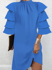 Layered Pleated Solid Color Flared Sleeves Half Sleeves Mock Neck Mini Dresses