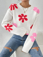 Contrast Color Flower Print Long Sleeves Loose Round-Neck Sweater Tops