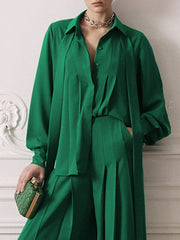 Pleated Solid Color Streamer Long Sleeves Loose Lapel Blouses&Shirts Tops