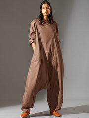 Casual Loose Long Sleeves Solid Color Boat Neck Jumpsuits