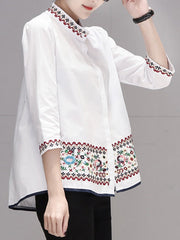 Buttoned Embroidered Loose Three-Quarter Sleeves Stand Collar Blouses&Shirts Tops