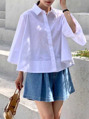 Buttoned Pleated Solid Color A-Line Flared Sleeves Lapel Blouses&Shirts Tops
